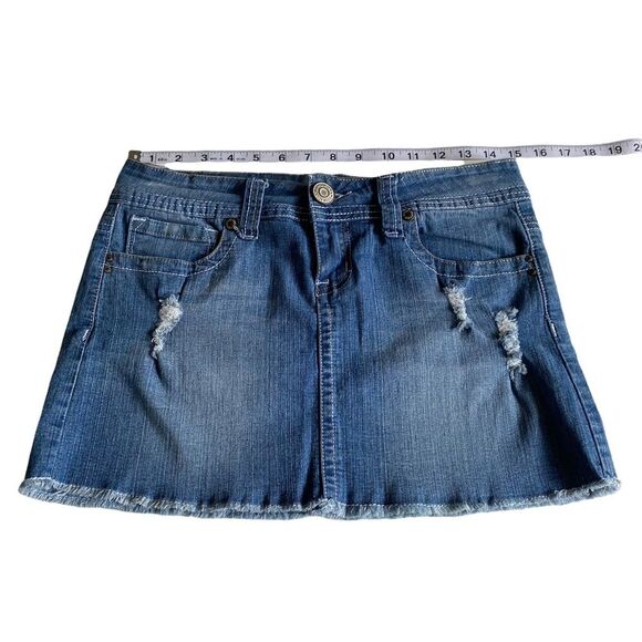 Vintage Hydraulic Distressed Raw Hem Micro Mini Skirt Blue Sz 7/8 - Picture 10 of 12